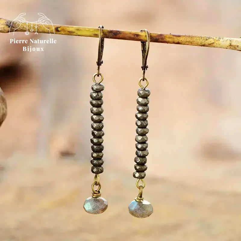 Boucle d'oreilles "Etincelle" en Pyrite et Labradorite | Boucles d'Oreilles | pierre naturelle bijoux