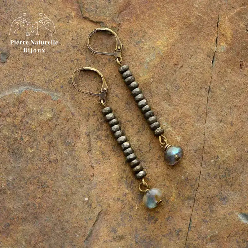 Boucle d'oreilles "Etincelle" en Pyrite et Labradorite | Boucles d'Oreilles | pierre naturelle bijoux