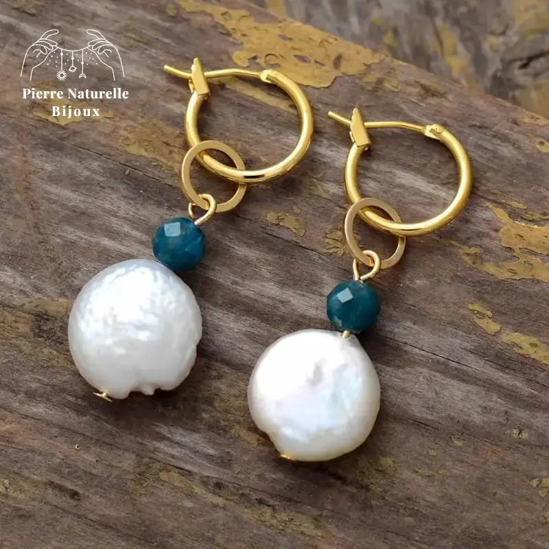 Boucles d'oreilles en perle d'eau douce et Apatite | Boucles d'Oreilles | pierre naturelle bijoux