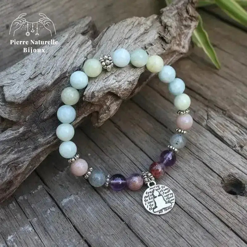 Bracelet charm "Création" en Aigue-marine, Améthyste, Pierre de soleil et Labradorite charm bouddha