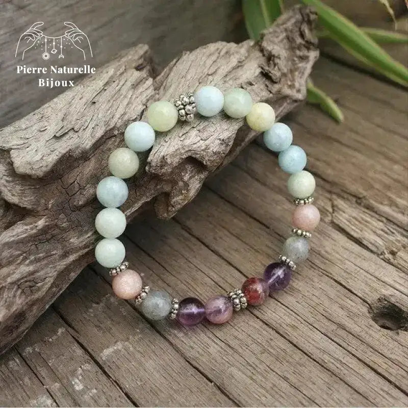 Bracelet charm "Création" en Aigue-marine, Améthyste, Pierre de soleil et Labradorite