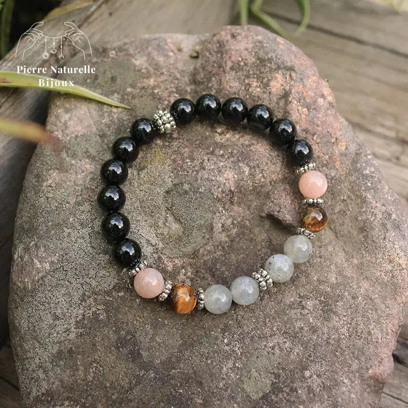 Bracelet charm "Solaire" en Onyx, Pierre de soleil, il de tigre et Labradorite