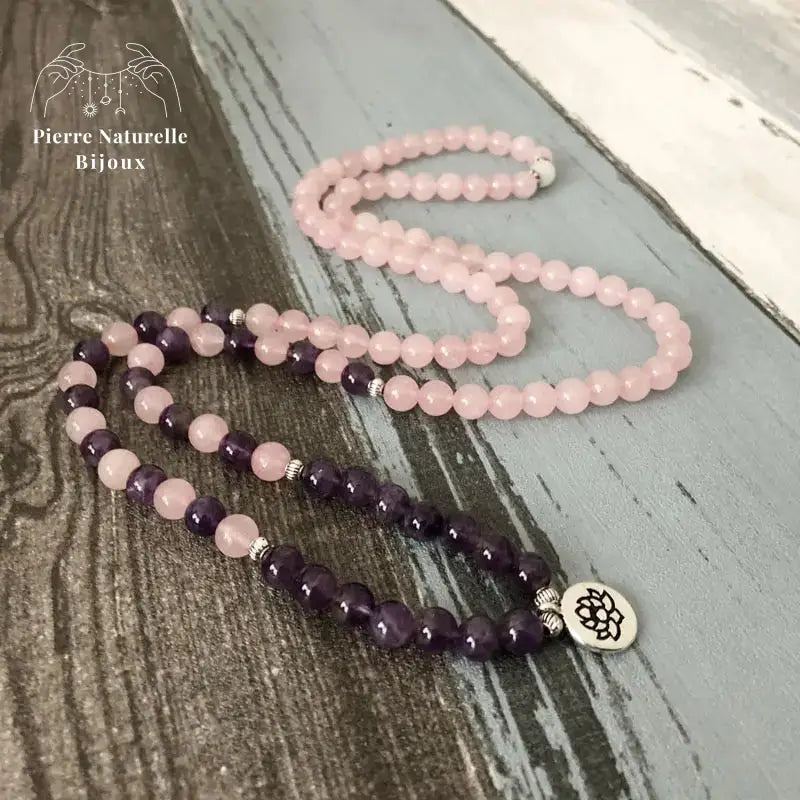Bracelet mala "Amour éternel" en Quartz rose et Améthyste | Bracelets | pierre naturelle bijoux