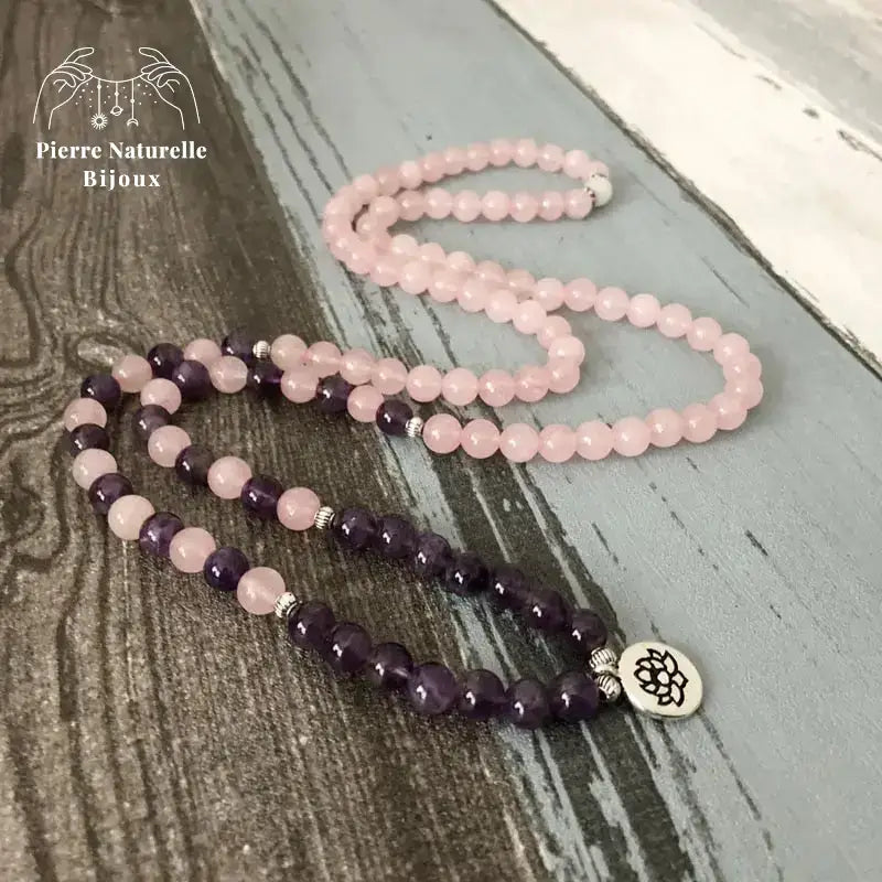 Bracelet mala "Amour éternel" en Quartz rose et Améthyste | Bracelets | pierre naturelle bijoux
