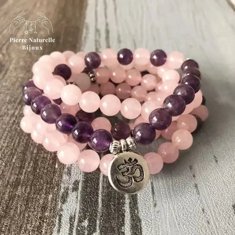 Bracelet mala "Amour éternel" en Quartz rose et Améthyste charm om