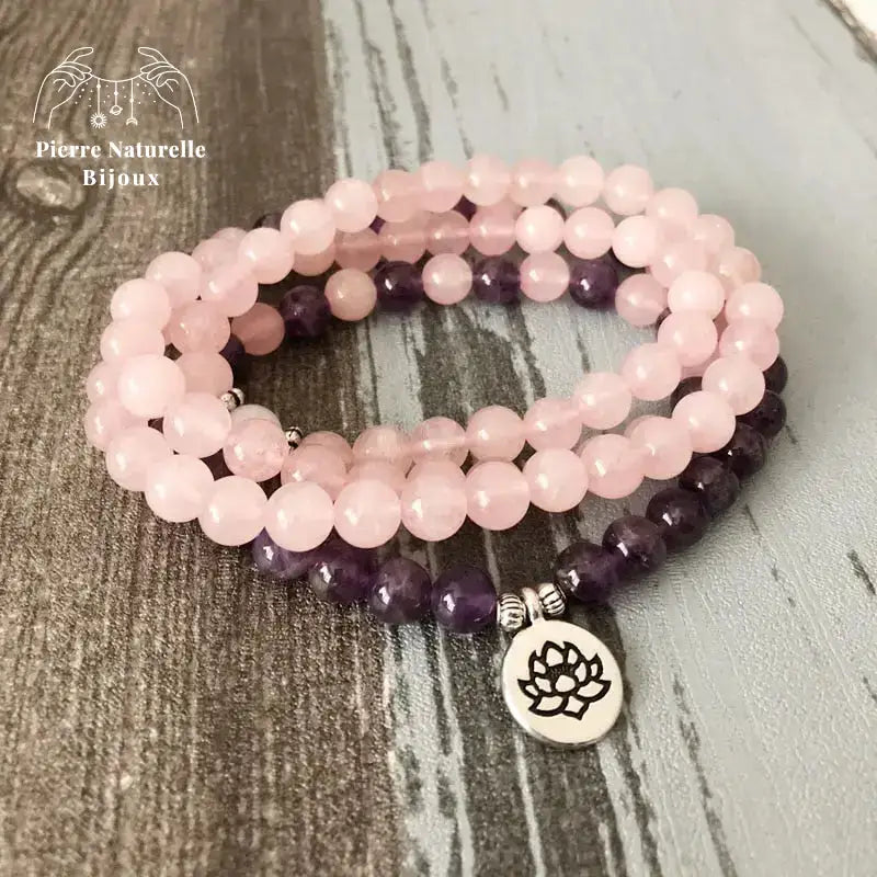 Bracelet mala "Amour éternel" en Quartz rose et Améthyste | Bracelets | pierre naturelle bijoux