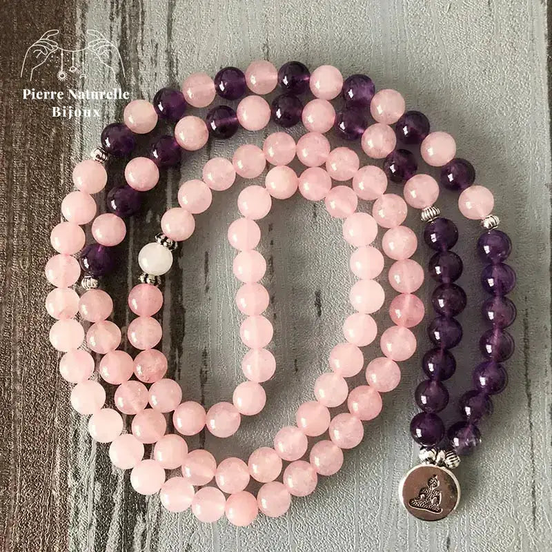 Bracelet mala "Amour éternel" en Quartz rose et Améthyste charm bouddha