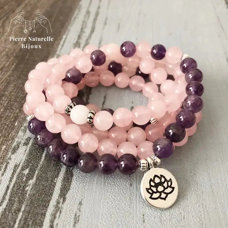 Bracelet mala "Amour éternel" en Quartz rose et Améthyste charm lotus