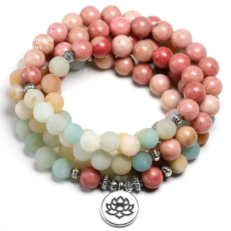 Bracelet mala "Lotus" en Rhodochrosite et Amazonite avec charm | Bracelets | pierre naturelle bijoux