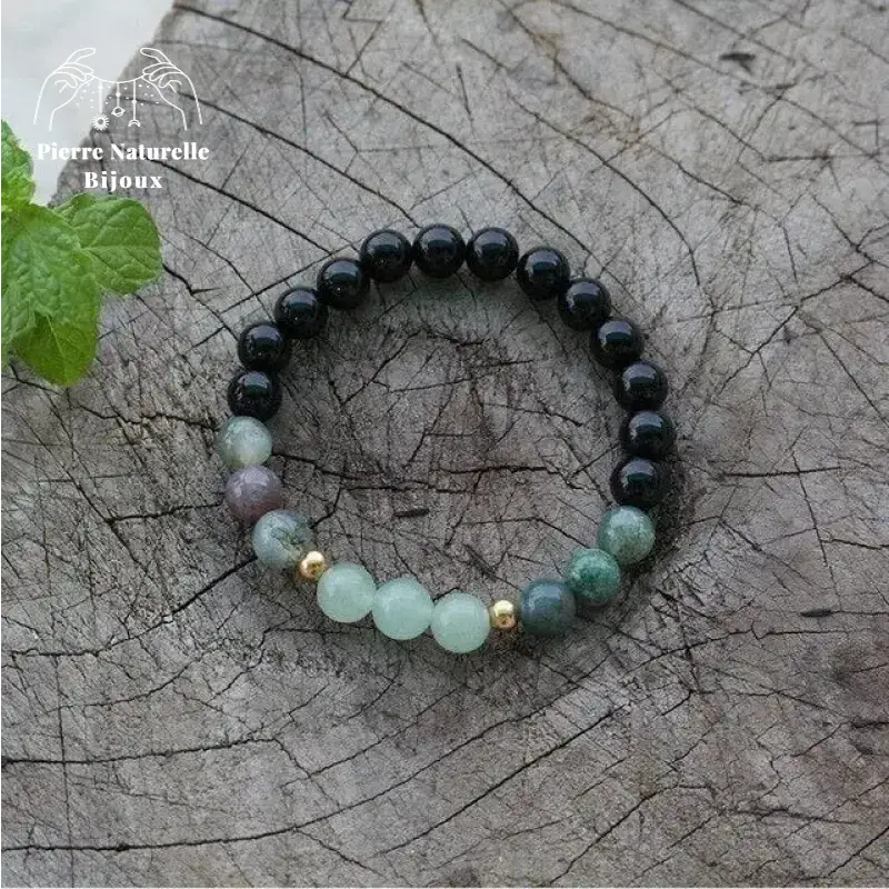 Bracelet "Abondance" en Onyx, Agate indienne et Aventurine verte