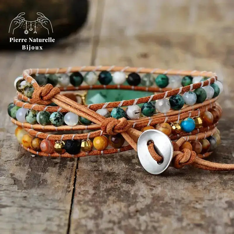 Bracelet wrap en Jade, Turquoise africaine et Pierre de lave | Bracelets | pierre naturelle bijoux