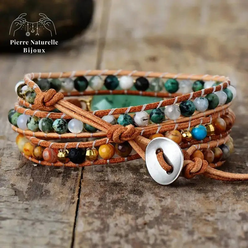 Bracelet wrap en Jade, Turquoise africaine et Pierre de lave | Bracelets | pierre naturelle bijoux