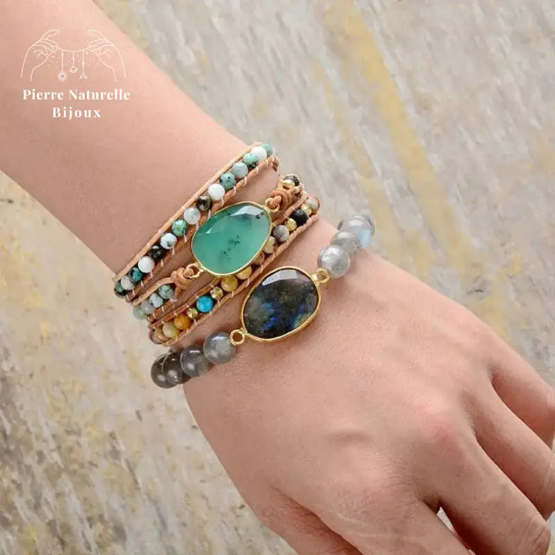 Bracelet wrap en Jade, Turquoise africaine et Pierre de lave | Bracelets | pierre naturelle bijoux
