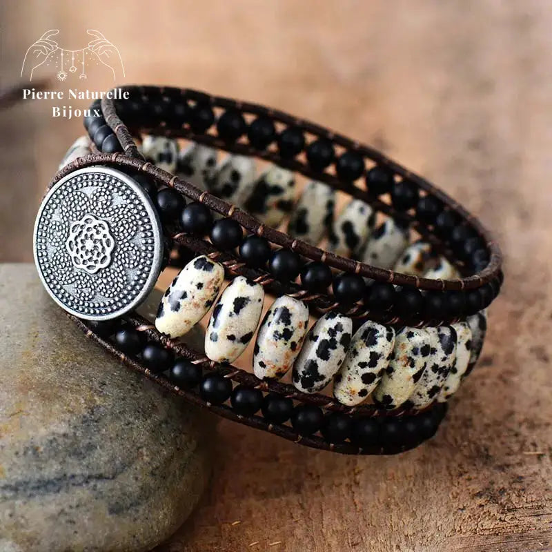 Bracelet wrap en Jaspe dalmatien et Onyx | Bracelets | pierre naturelle bijoux
