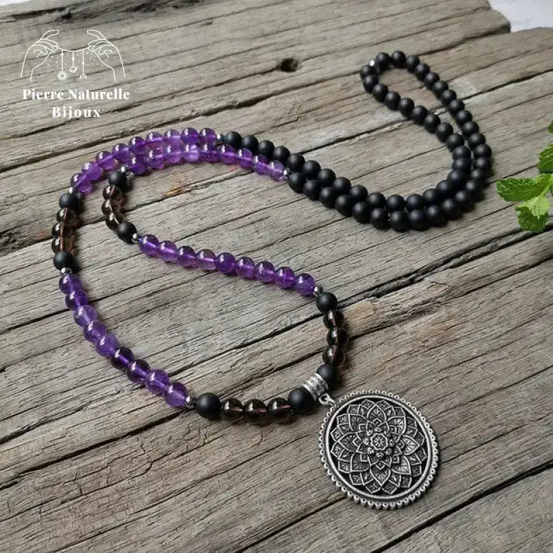 Collier "Aspiration" en Onyx, Améthyste, Quartz fumé et Hématite