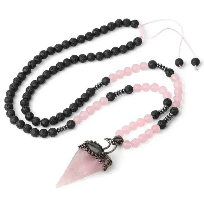 collier mystique en pierre de lave et quartz rose
