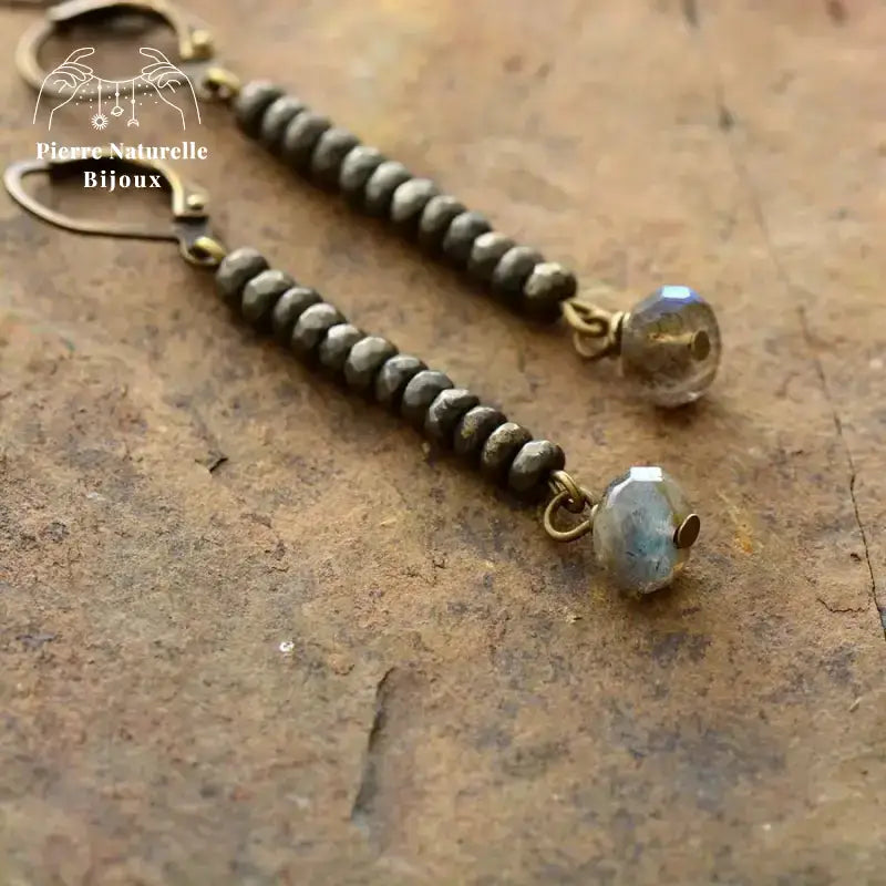 Boucle d'oreilles "Etincelle" en Pyrite et Labradorite | Boucles d'Oreilles | pierre naturelle bijoux