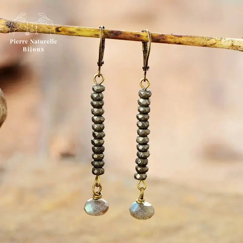 Boucle d'oreilles "Etincelle" en Pyrite et Labradorite | Boucles d'Oreilles | pierre naturelle bijoux