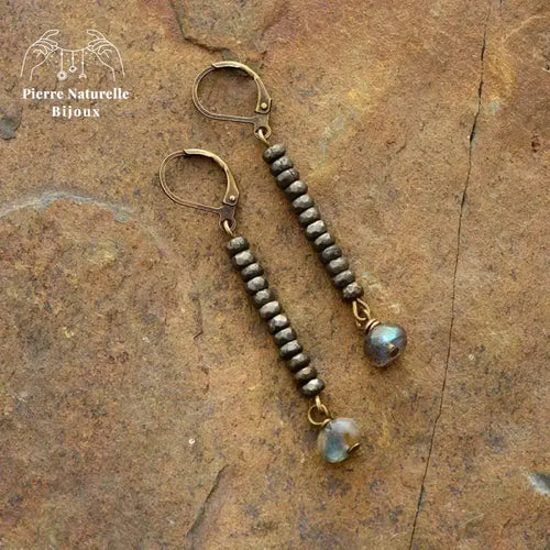 Boucle d'oreilles "Etincelle" en Pyrite et Labradorite | Boucles d'Oreilles | pierre naturelle bijoux