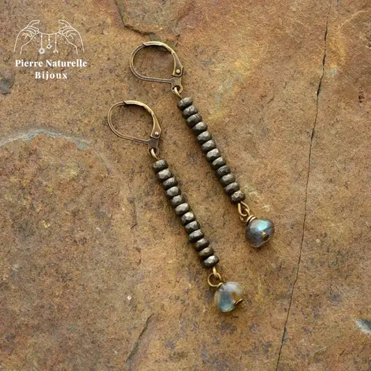 Boucle d'oreilles "Etincelle" en Pyrite et Labradorite | Boucles d'Oreilles | pierre naturelle bijoux