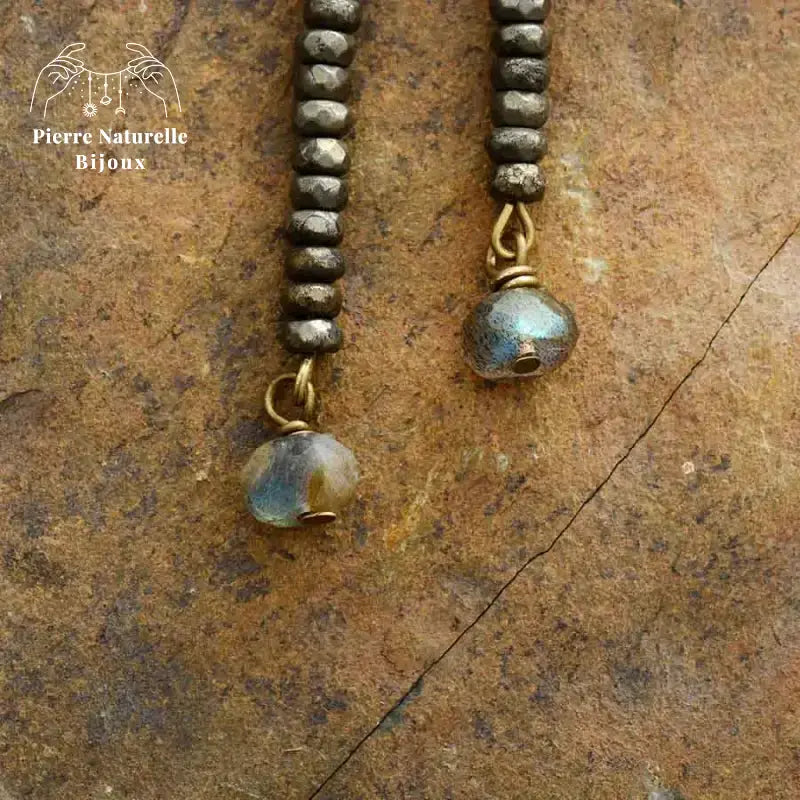 Boucle d'oreilles "Etincelle" en Pyrite et Labradorite | Boucles d'Oreilles | pierre naturelle bijoux