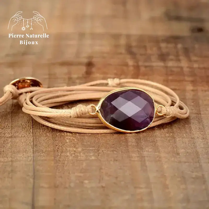 Bracelet "Clarté de l'esprit" en Améthyste cordon caramel