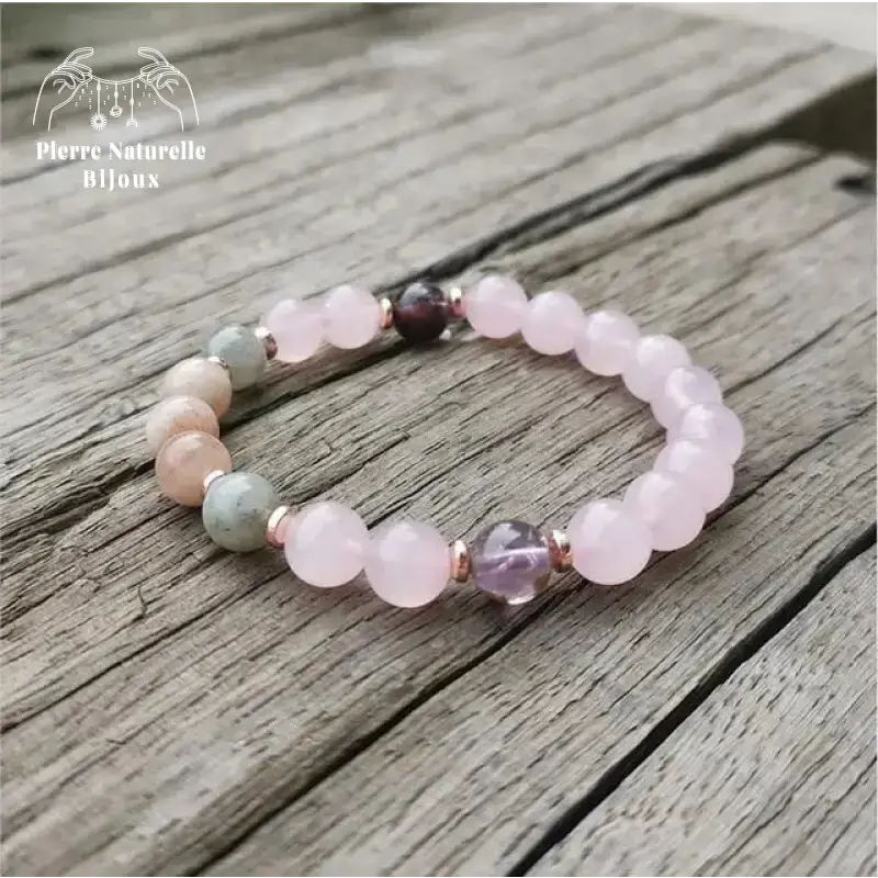 Bracelet "Gaieté" en Améthyste, Labradorite, Quartz rose et Pierre de soleil