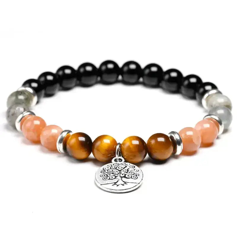 Bracelet charm "Présage" en Onyx, Pierre de soleil, œil de tigre et Labradorite | Bracelets | pierre naturelle bijoux
