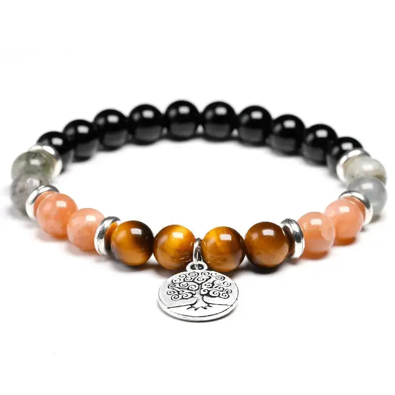 Bracelet charm "Présage" en Onyx, Pierre de soleil, il de tigre et Labradorite | Bracelets | pierre naturelle bijoux