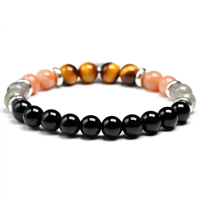 Bracelet charm "Présage" en Onyx, Pierre de soleil, il de tigre et Labradorite | Bracelets | pierre naturelle bijoux