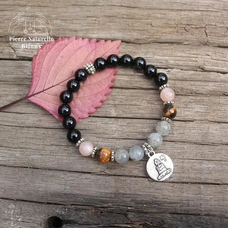 Bracelet charm bouddha "Solaire" en Onyx, Pierre de soleil, œil de tigre et Labradorite