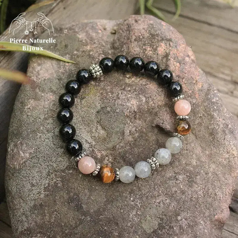 Bracelet charm "Solaire" en Onyx, Pierre de soleil, œil de tigre et Labradorite