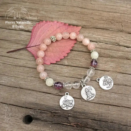 Bracelet charm en Pierre de soleil, Améthyste, Quartz et Pierre de lune | Bracelets | pierre naturelle bijoux