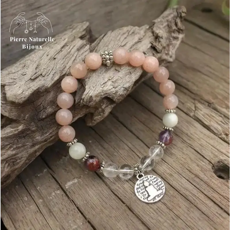 Bracelet charm en Pierre de soleil, Améthyste, Quartz et Pierre de lune