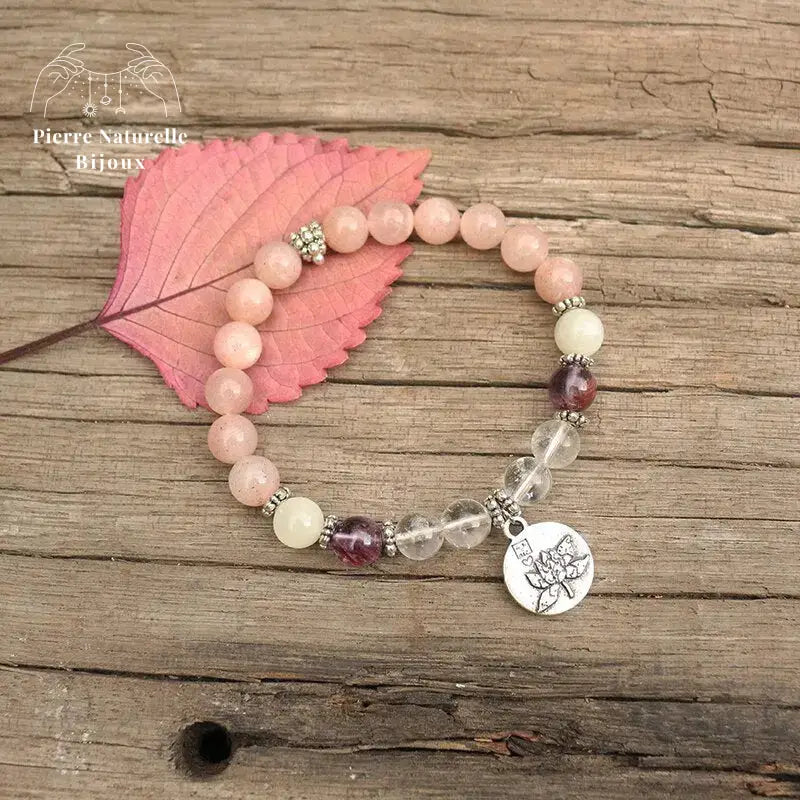 Bracelet charm en Pierre de soleil, Améthyste, Quartz et Pierre de lune | Bracelets | pierre naturelle bijoux