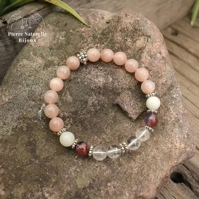 Bracelet charm en Pierre de soleil, Améthyste, Quartz et Pierre de lune | Bracelets | pierre naturelle bijoux