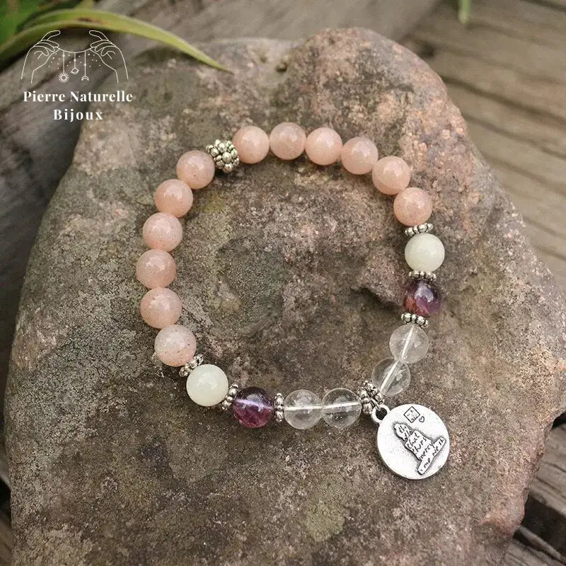 Bracelet charm en Pierre de soleil, Améthyste, Quartz et Pierre de lune | Bracelets | pierre naturelle bijoux