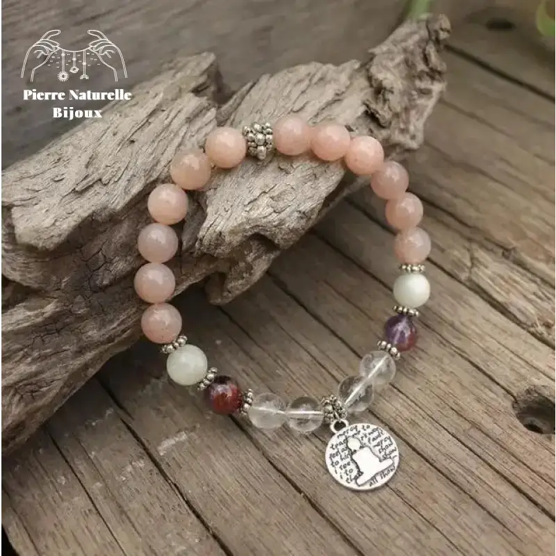 Bracelet charm en Pierre de soleil, Améthyste, Quartz et Pierre de lune