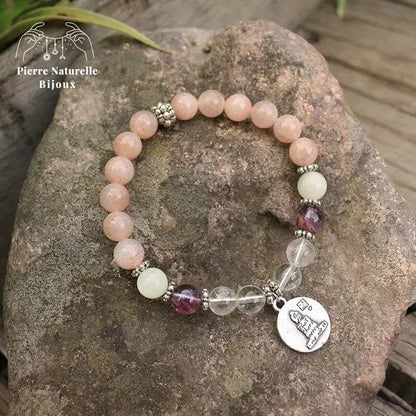 Bracelet charm en Pierre de soleil, Améthyste, Quartz et Pierre de lune | Bracelets | pierre naturelle bijoux