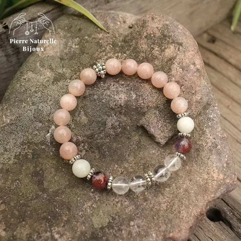 Bracelet charm en Pierre de soleil, Améthyste, Quartz et Pierre de lune | Bracelets | pierre naturelle bijoux