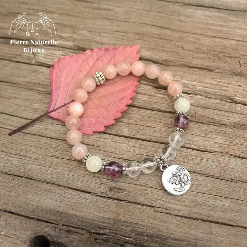 Bracelet charm en Pierre de soleil, Améthyste, Quartz et Pierre de lune | Bracelets | pierre naturelle bijoux