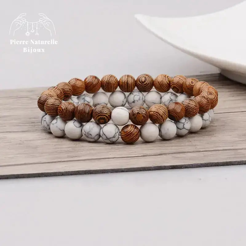 Bracelet duo "Douceur" en Howlite et Bois naturel | Bracelets | pierre naturelle bijoux