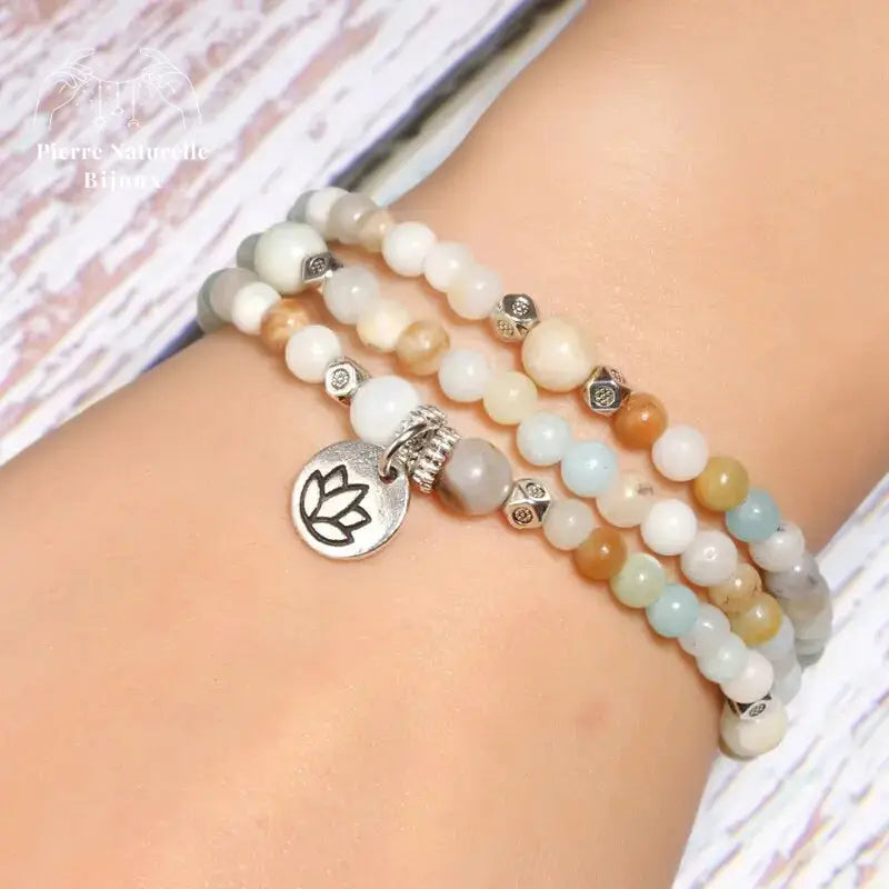 Bracelet mala 108 perles en Amazonite avec charm lotus | Bracelets | pierre naturelle bijoux