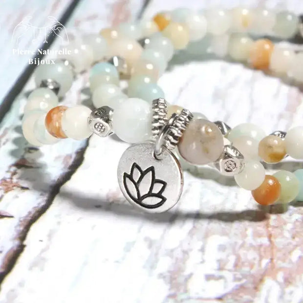 Bracelet mala 108 perles en Amazonite avec charm lotus | Bracelets | pierre naturelle bijoux