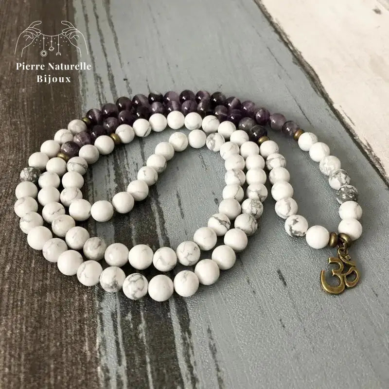 Bracelet mala "Pacification" en Améthyste et Howlite | Bracelets | pierre naturelle bijoux