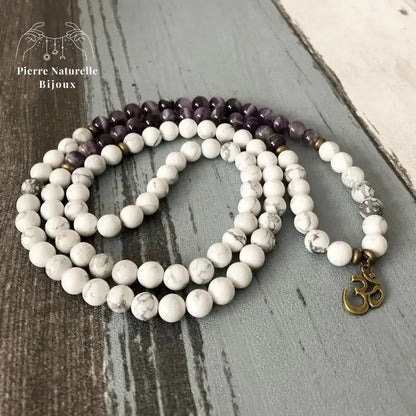 Bracelet mala "Pacification" en Améthyste et Howlite | Bracelets | pierre naturelle bijoux