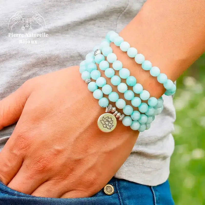 Bracelet mala en Calcédoine bleue avec charm | Bracelets | pierre naturelle bijoux