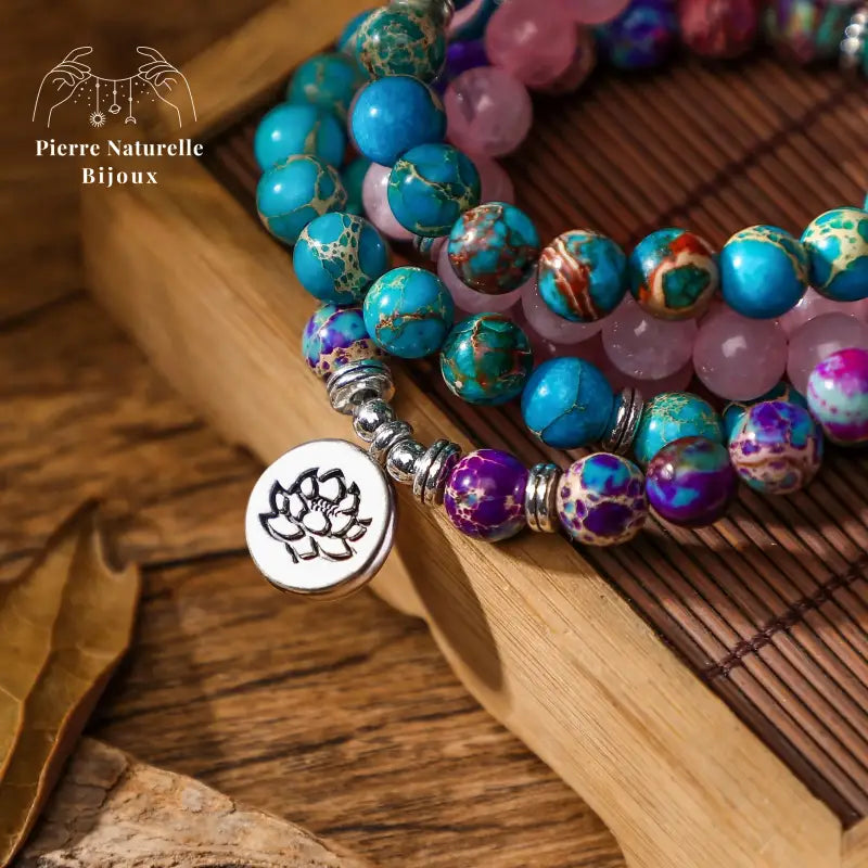 Bracelet mala en Quartz rose, Amazonite, Jaspe impérial et Turquoise | Bracelets | pierre naturelle bijoux