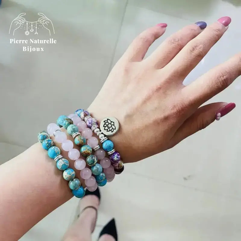 Bracelet mala en Quartz rose, Amazonite, Jaspe impérial et Turquoise | Bracelets | pierre naturelle bijoux