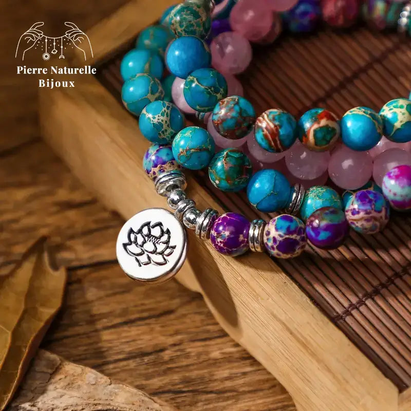 Bracelet mala en Quartz rose, Amazonite, Jaspe impérial et Turquoise | Bracelets | pierre naturelle bijoux